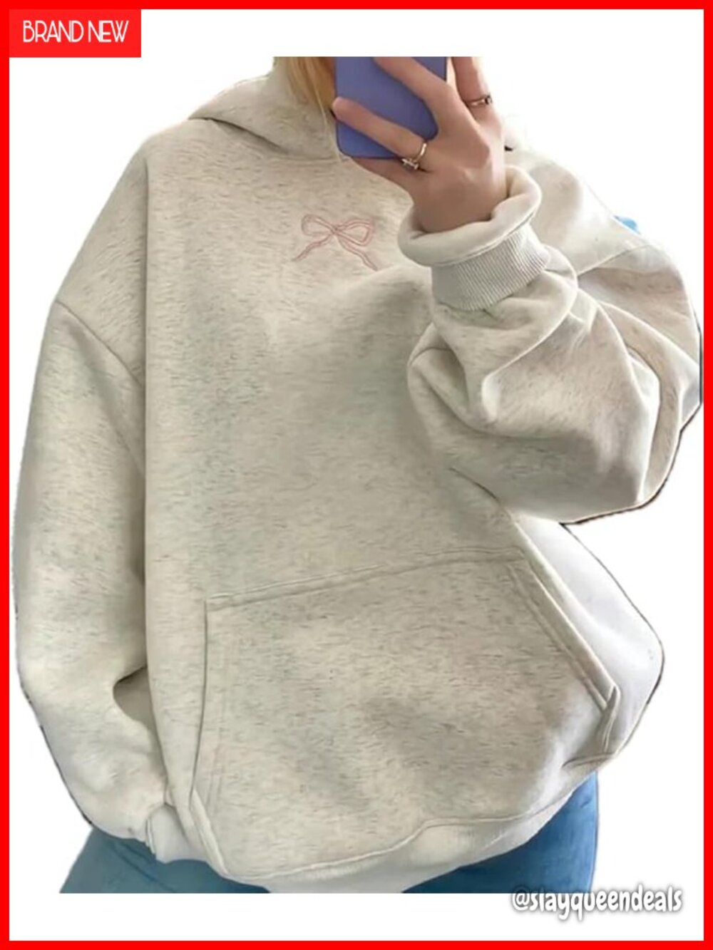 Oversized Hoodie Long Sleeve Bow Embroidered Pullover Sweatshirt
